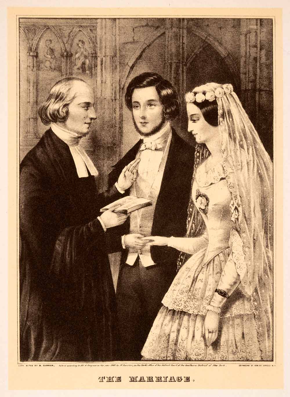 1942 Print Currier Ives Marriage Victorian Wedding Bride Groom Priest Gown XAO9