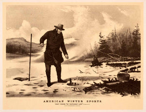 1942 Print Currier Ives American Winter Sport Trout Fishing Chateaugay Lake XAO9