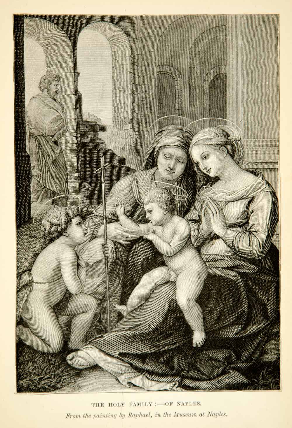 1880 Wood Engraving Raphael Holy Family Naples Renaissance Art Virgin Mary XAOA4