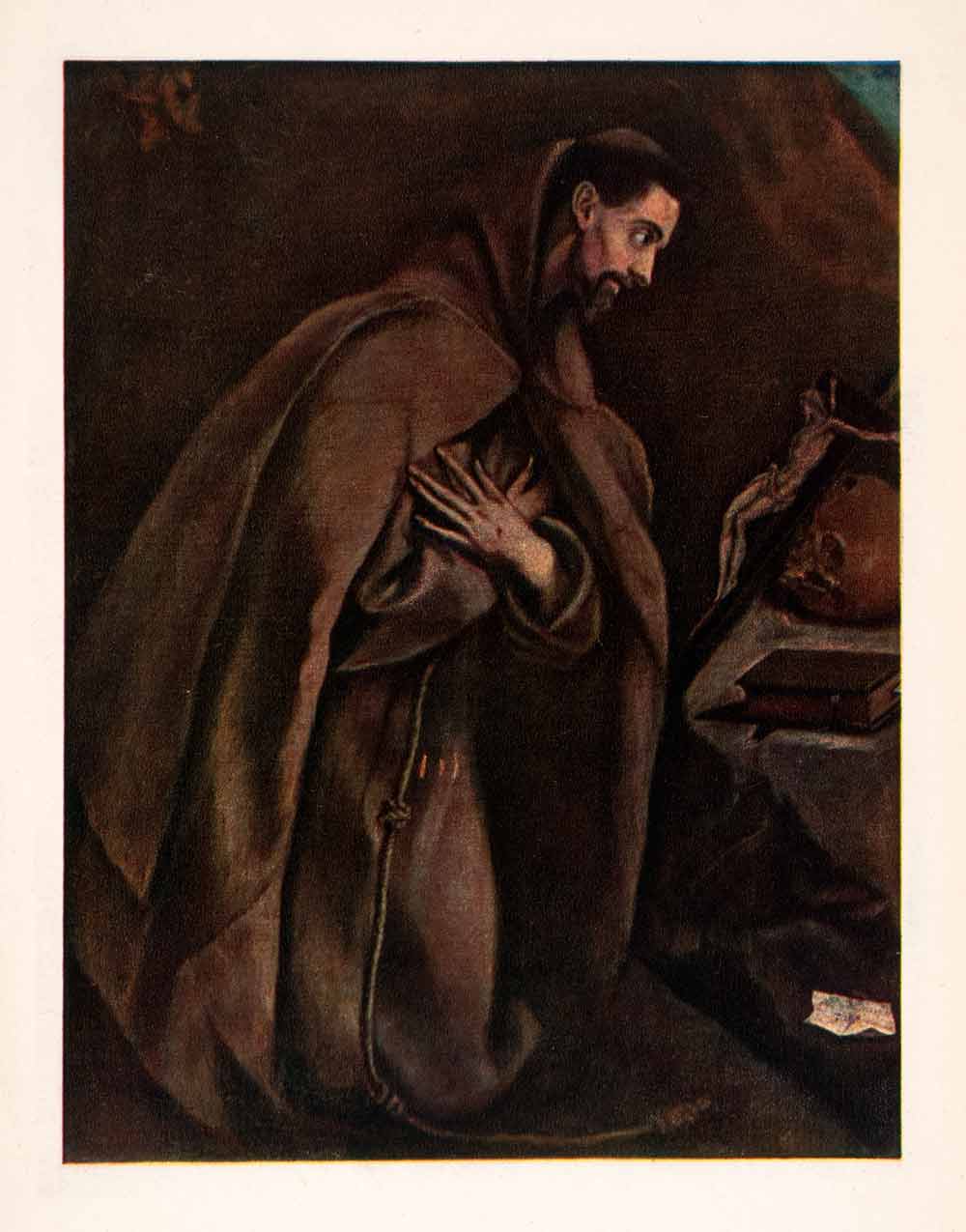 1937 Photolithograph Painting Saint Francis Prayer Crucifix Greco Toledo XAP6