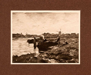 1907 Photogravure River Windmill Holland Smoking Shore Dock Dutch Art XAP7