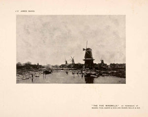 1907 Halftone Print Five Windmills Netherlands River Canal Boat Docks Art XAP7