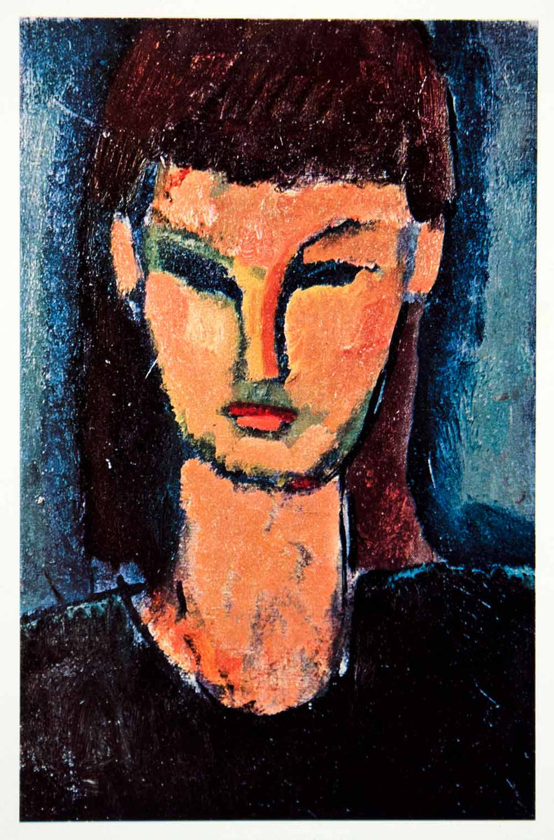 1958 Color Print Amedeo Modigliani Head Woman Portrait Fringe Bangs Bl ...