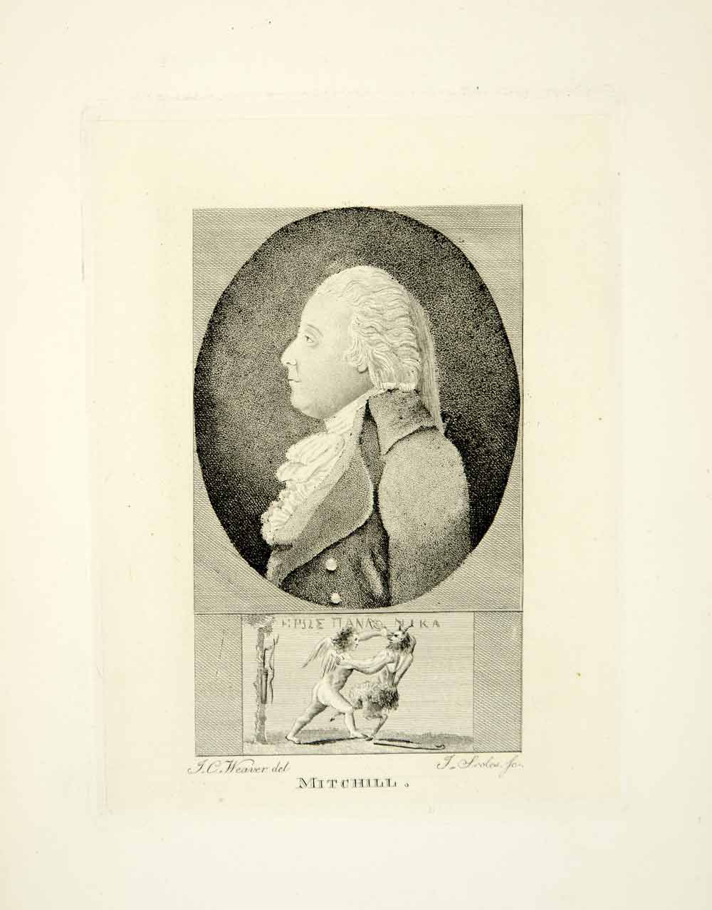 1872 Engraving Art Dr Samuel L Mitchill Portrait Cupid Wrestling Pan XAPA7