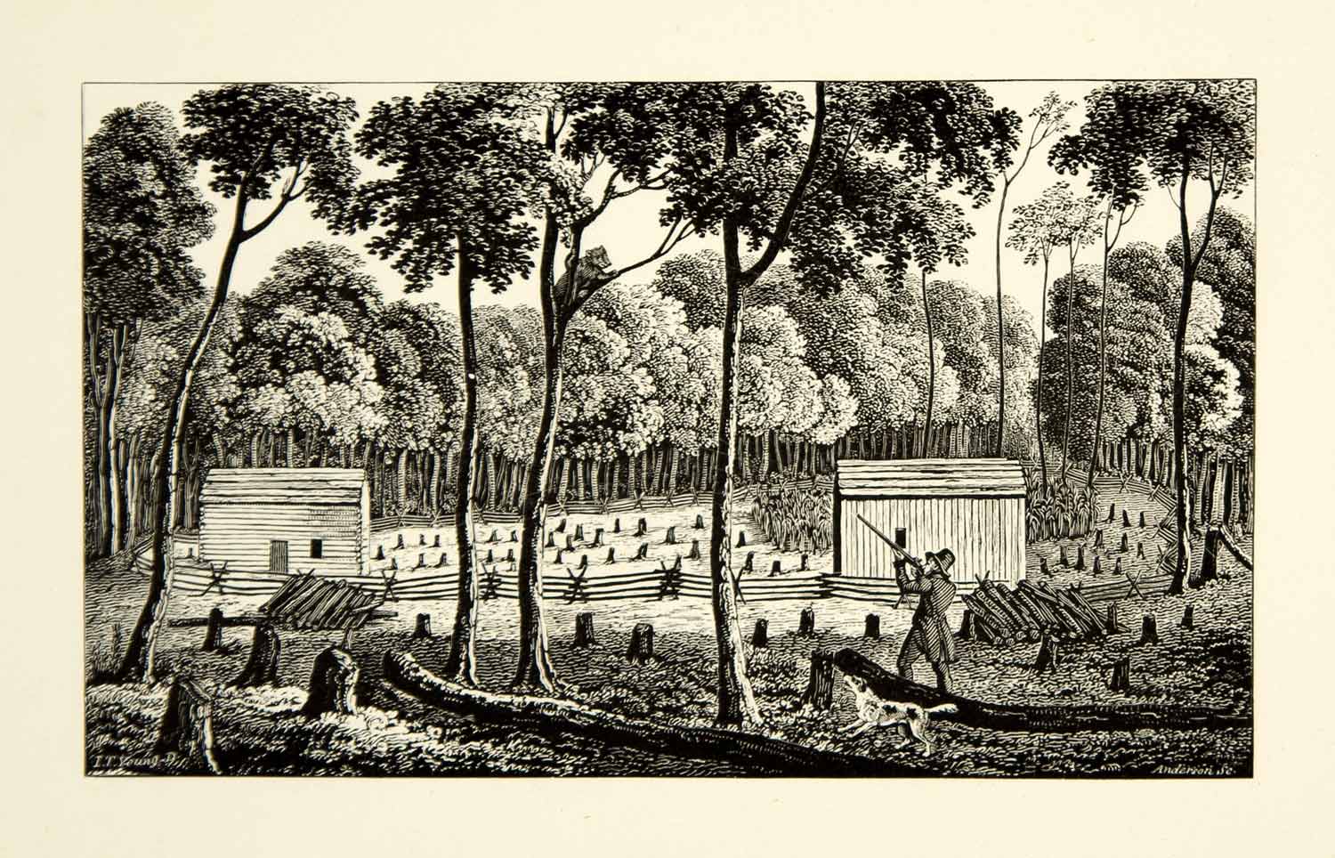 1872 Wood Engraving Henry O'Reilly Art Bear Hunting Dog Rochester NY Log XAPA7