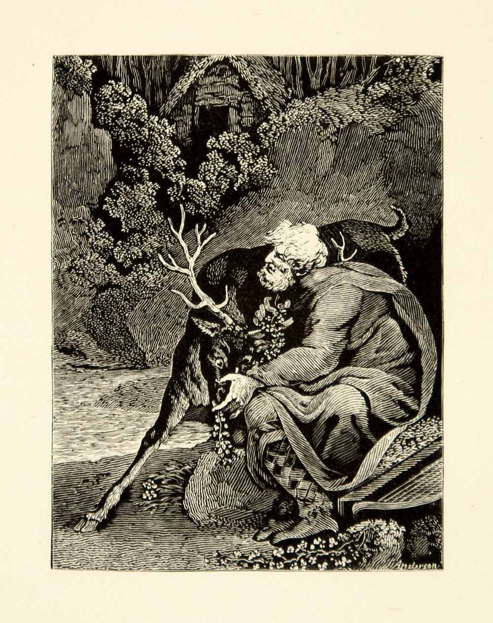1872 Wood Engraving Art Sir Walter Scott Lay Last Minstrel Poem Deer Stag XAPA7