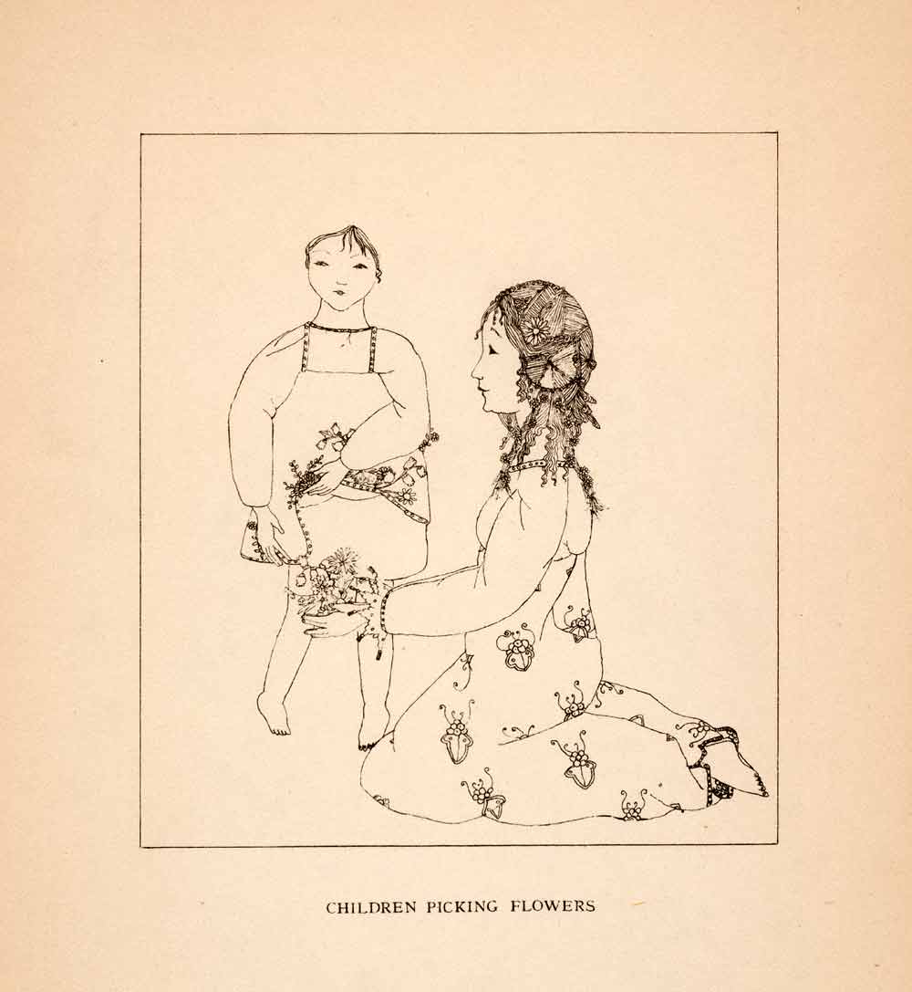 1919 Lithograph Pamela Bianco Children Flowers Mother Madonna Decorative XAQ1
