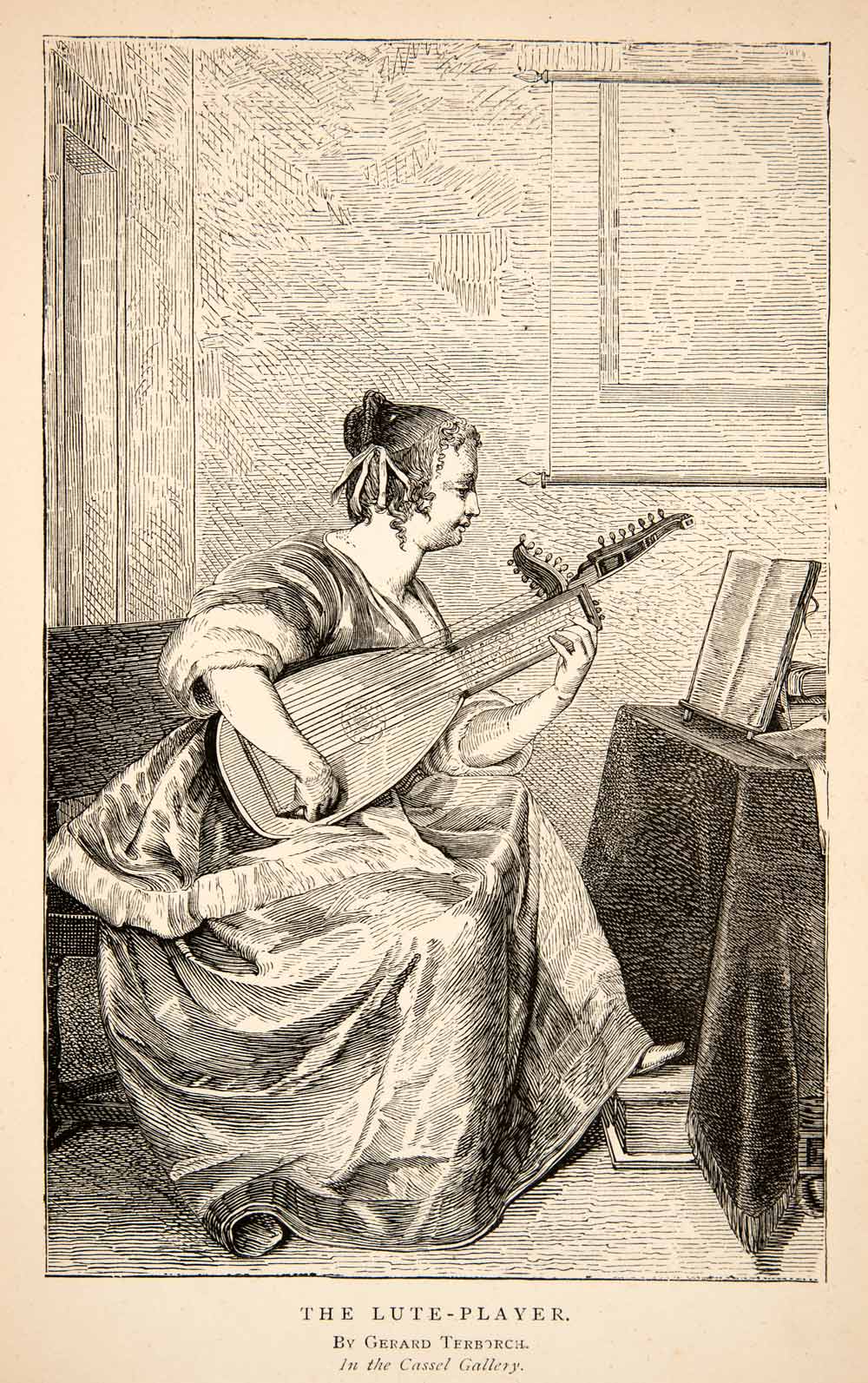 1880 Wood Engraving Gerard Terborch Lute Player Interment Music Musician XAQ8