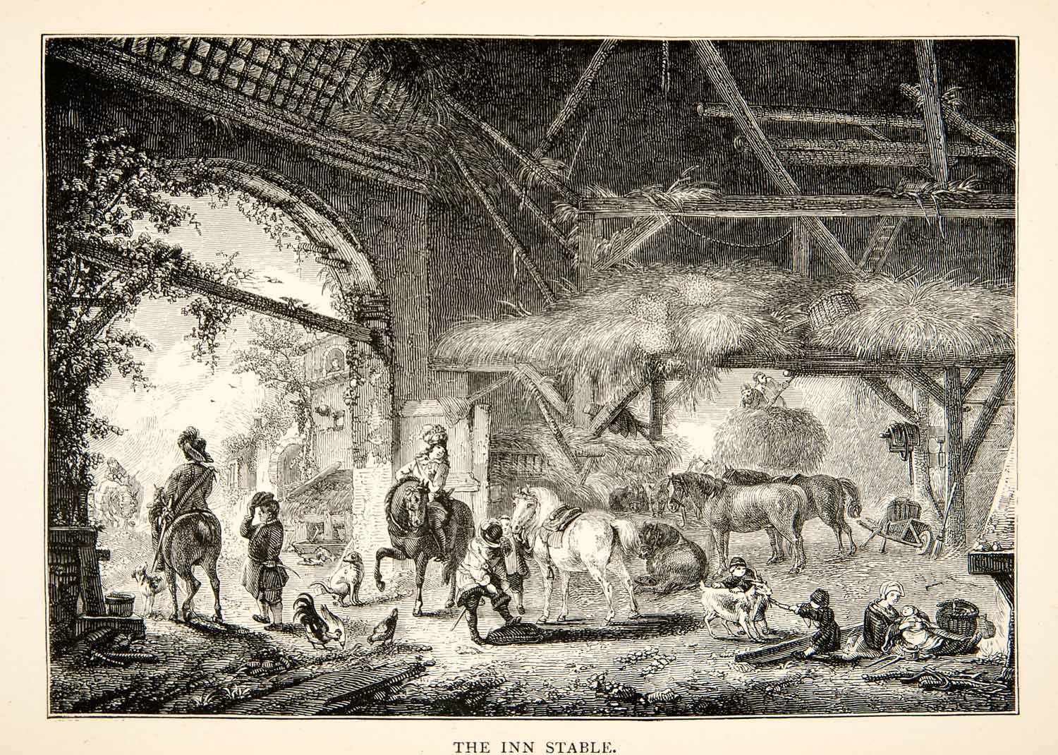 1880 Wood Engraving Philips Wouwerman Stable Horse Trained Barn Hay Chicken XAQ8