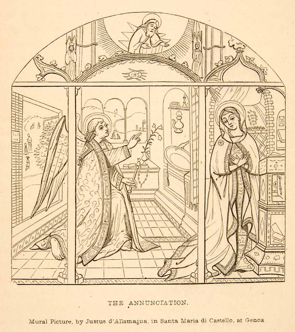 1872 Wood Engraving Annunciation Justus Van Ghent Virgin Mary Gabriel XAQ9