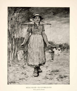1928 Print Milk Maid Ile D'Orleans Yoke Cattle Agriculture Farm Horatio XAS3 - Period Paper
