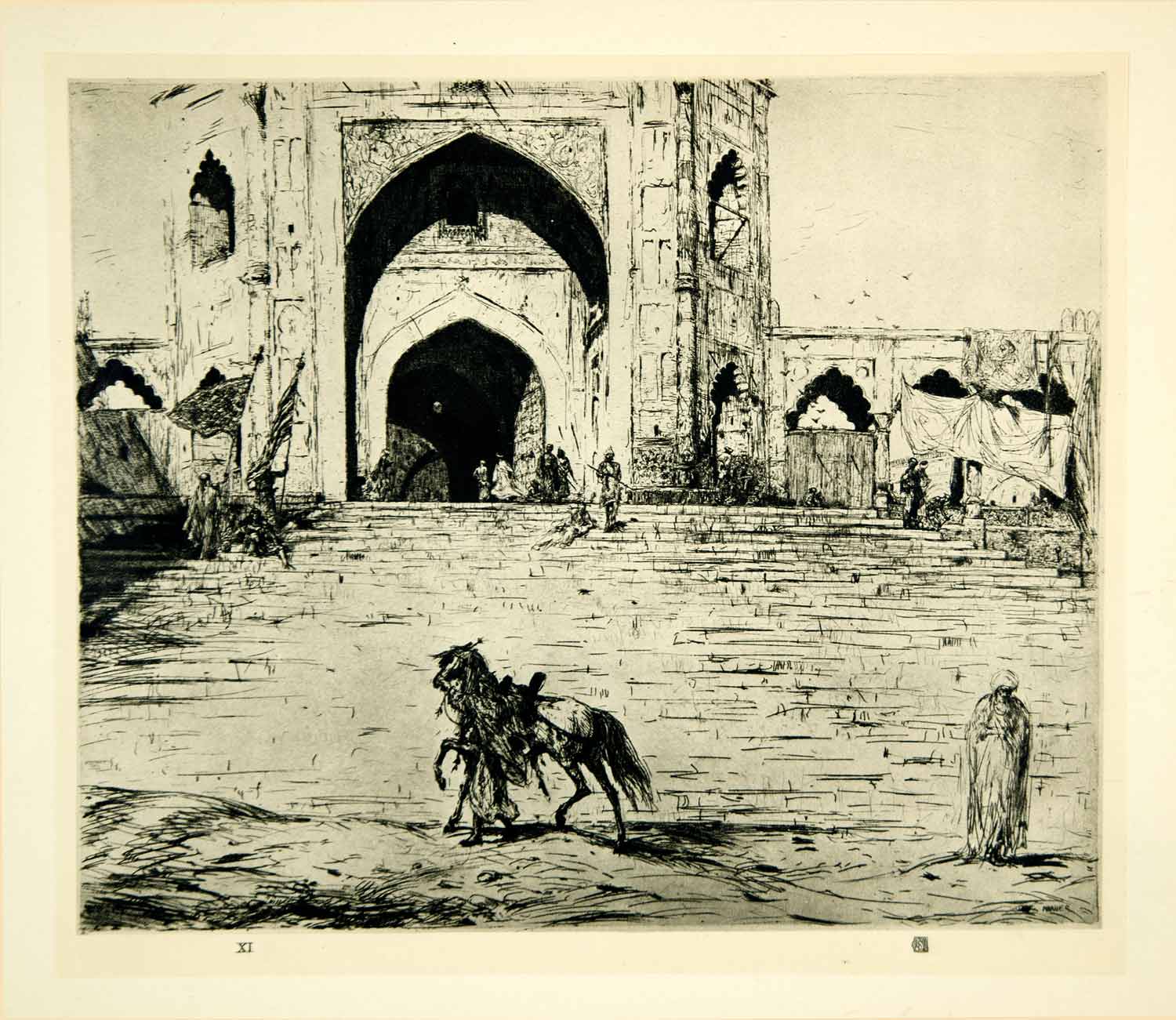 1926 Photogravure Marius Bauer Great Mosque Dehli Jama Masjid Gate Etching XASA6