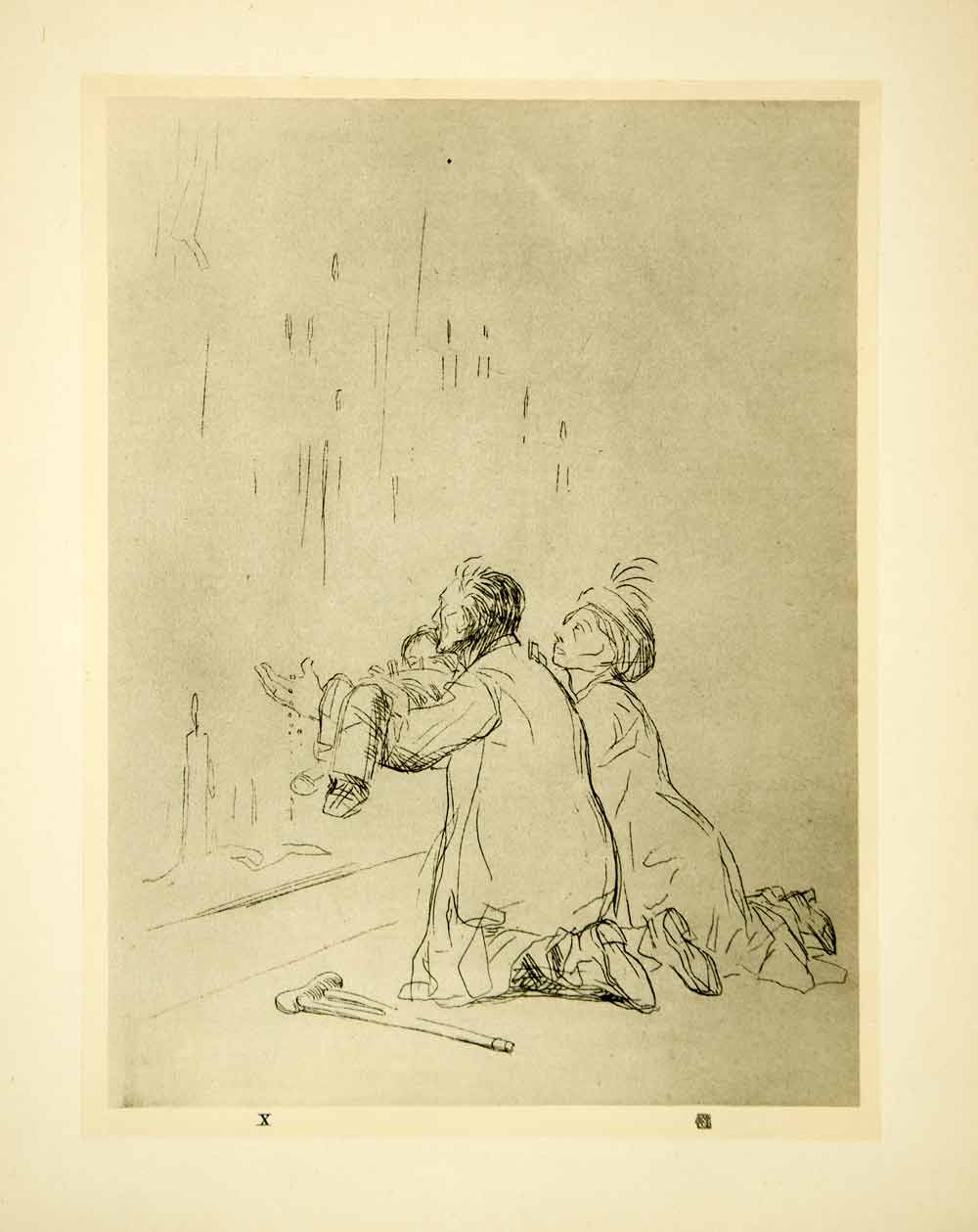 1925 Photogravure Jean-Louis Forain Crippled Child Prayer Mother Father XASA8