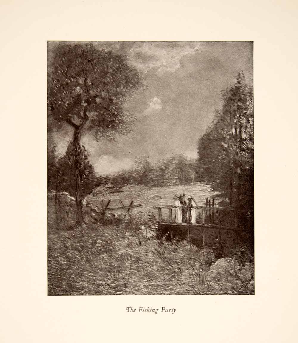1922 Print Julian Alden Weir Fishing Party Landscape Bridge Impressionism XAT3