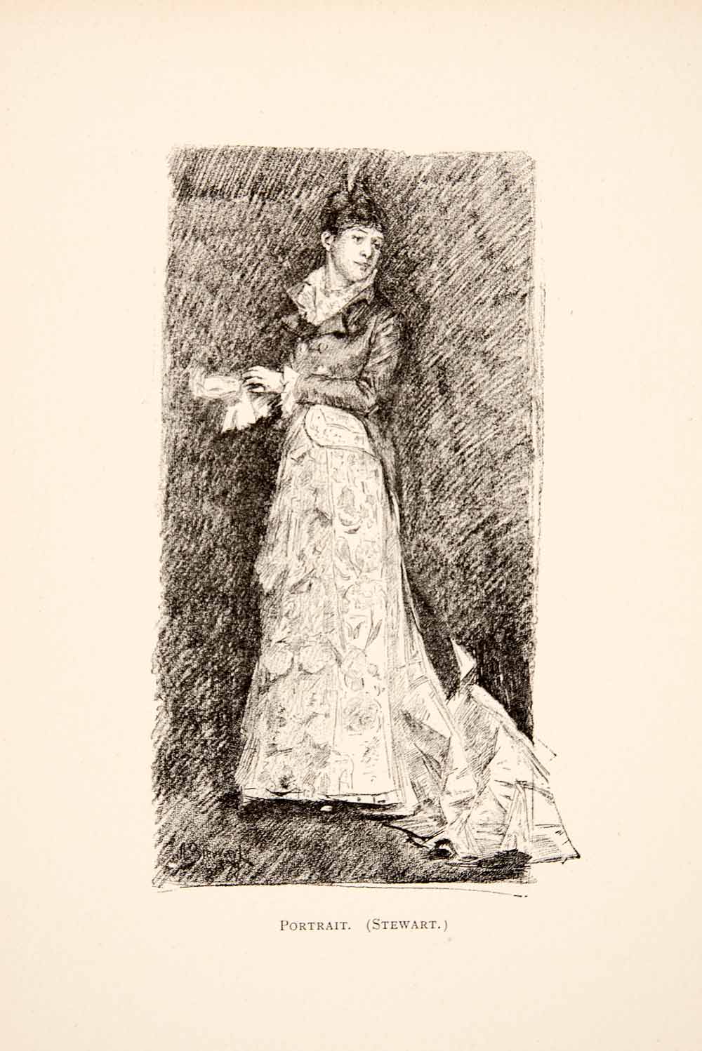 1883 Print Young Woman Study Portrait Stewart France Dress Train Hat Collar XAT4