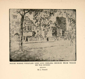 1921 Print House Chelsea Church James McNeill Whistler Cityscape Joseph XAT6