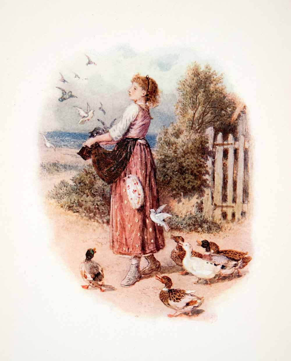 1906 Color Print Myles Birket Foster Girl Duck Feed Costume Dress Apron XAT7