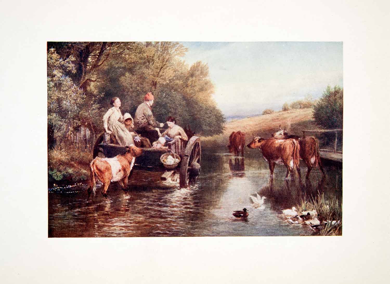 1906 Color Print Myles Birket Foster Ford River Stream Calf Cow Cattle XAT7