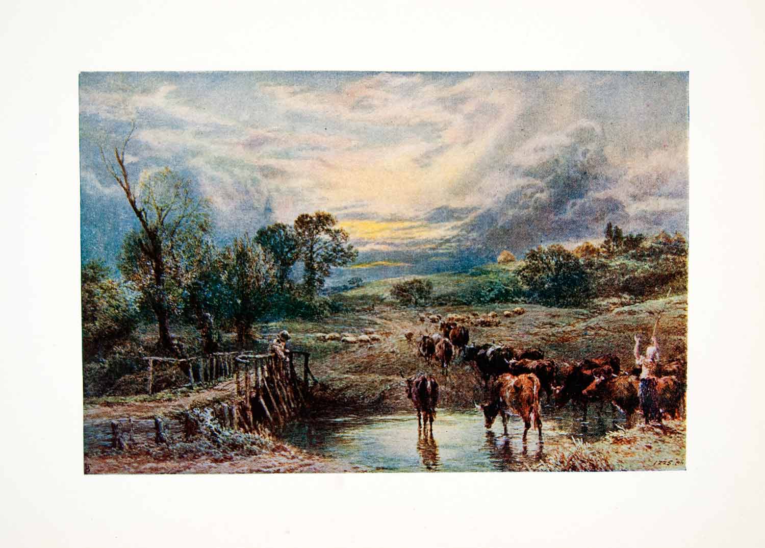 1906 Color Print Myles Birket Foster Cattle Pasture Agriculture Farmer XAT7