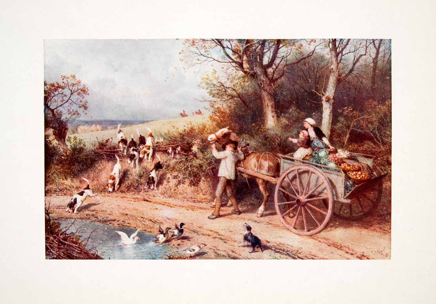 1906 Color Print Myles Birket Foster Hunting Hound Dog Horse Wagon Cart XAT7