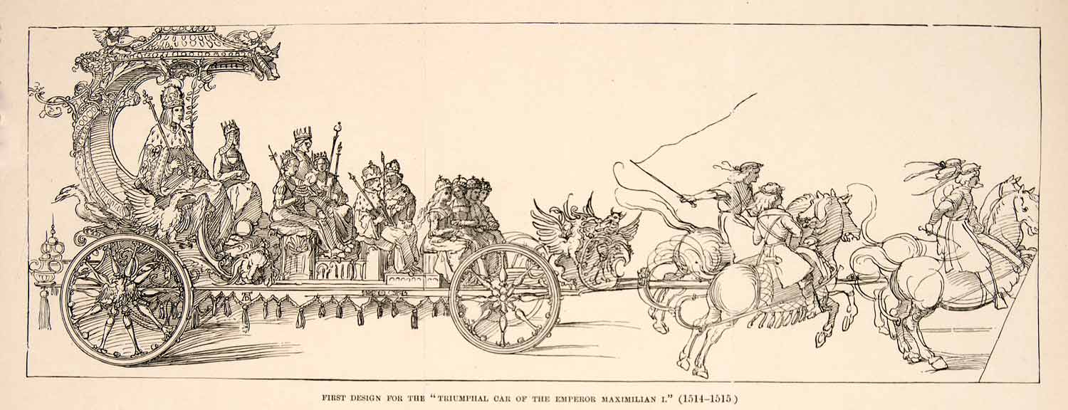 1882 Print Albrecht Durer First Design Triumphal Car Emperor Maximilian XAT9