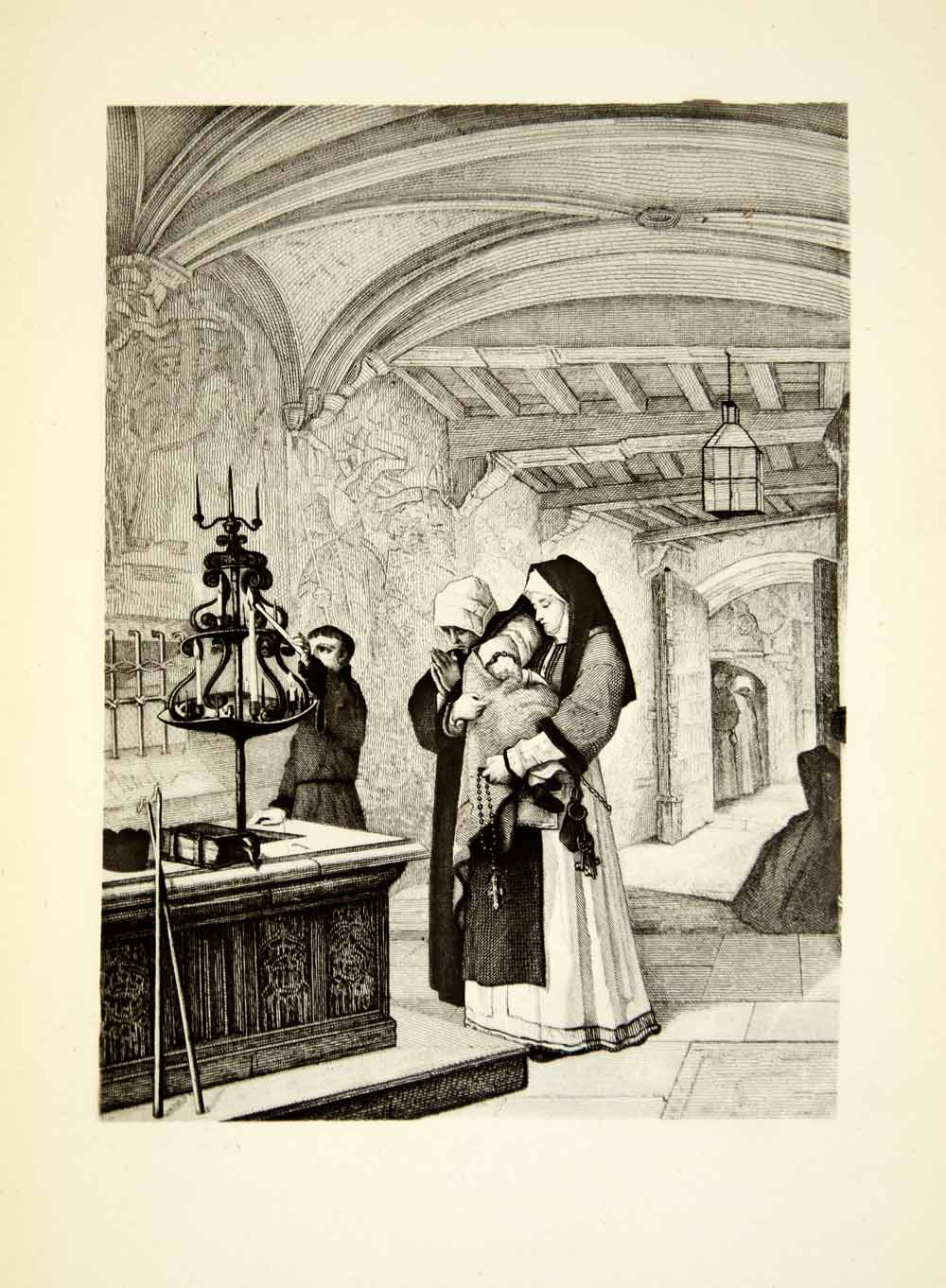 1875 Etching Jan August Hedrik Henri Leys Art Devotion Catholic Nun Child XATA7
