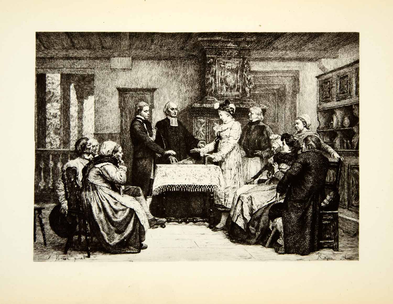 1875 Etching Gustave Brion Art Protestant Marriage Alsace France Wedding XATA7