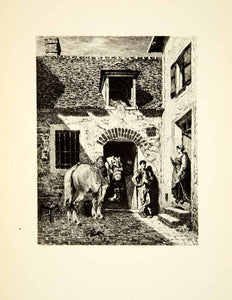1875 Etching Jules Jacques Veyrassat Art Village Blacksmith Horse France XATA7