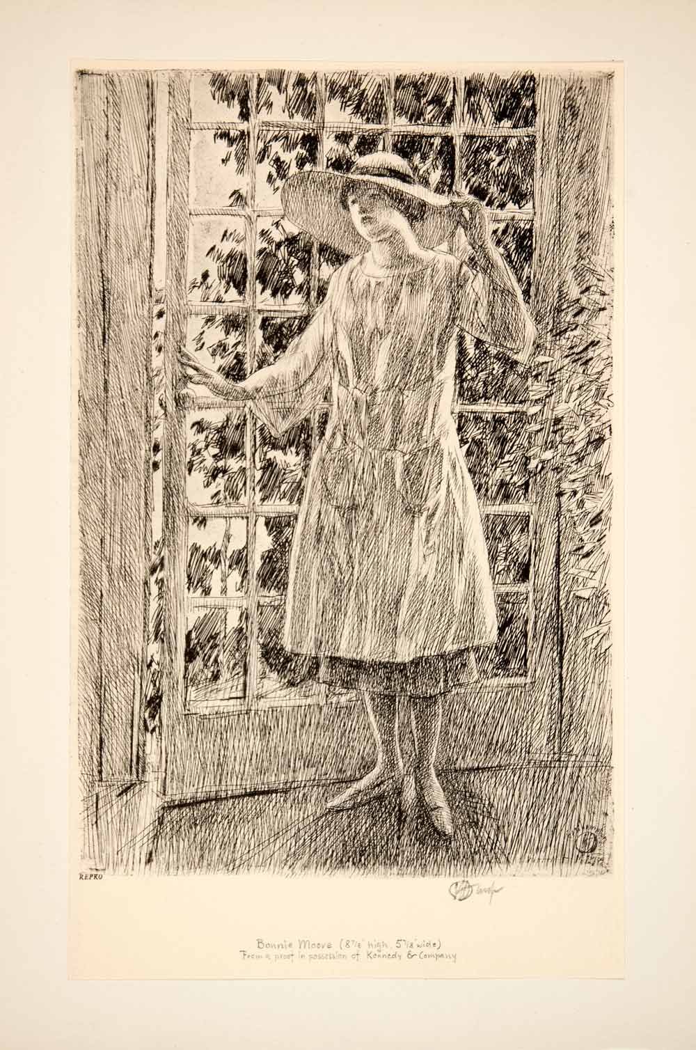 1929 Aquatone Childe Hassam Portrait Bonnie Moore Dress Sun Hat Window XAU6