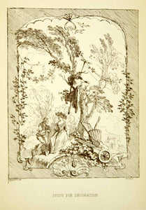 1883 Wood Engraving Jean-Antoine Watteau Baroque Art Decoration Botanical XAUA1