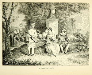 1883 Wood Engraving Jean-Antoine Watteau Baroque Art La Partie