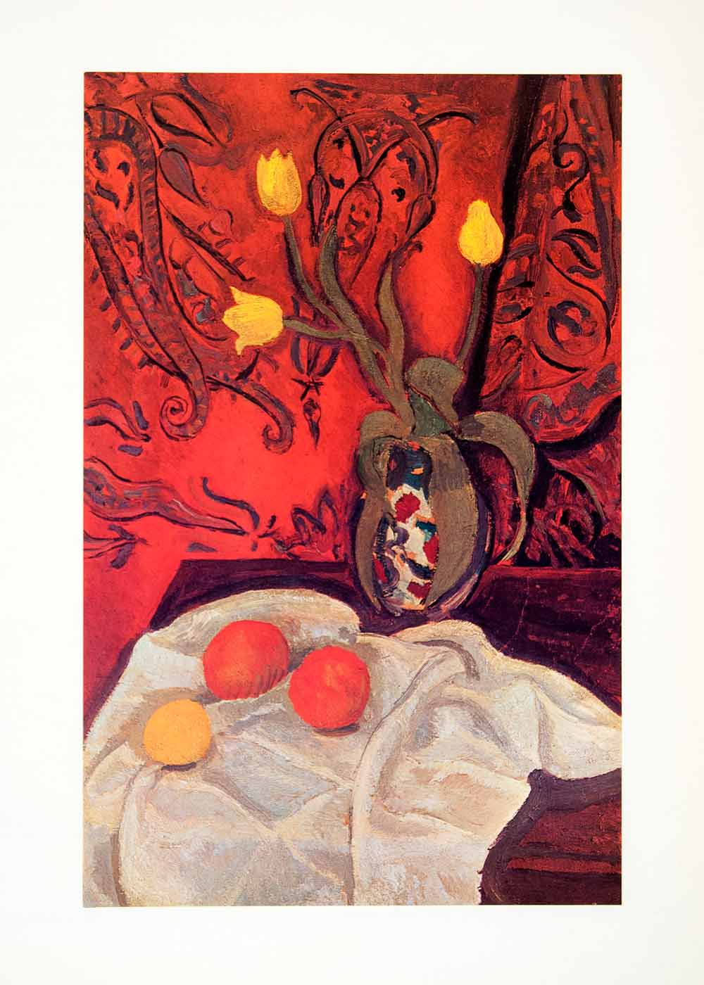 1969 Print Still Life Vase Flower Fruit Table Curtain Expression Roger XAV5