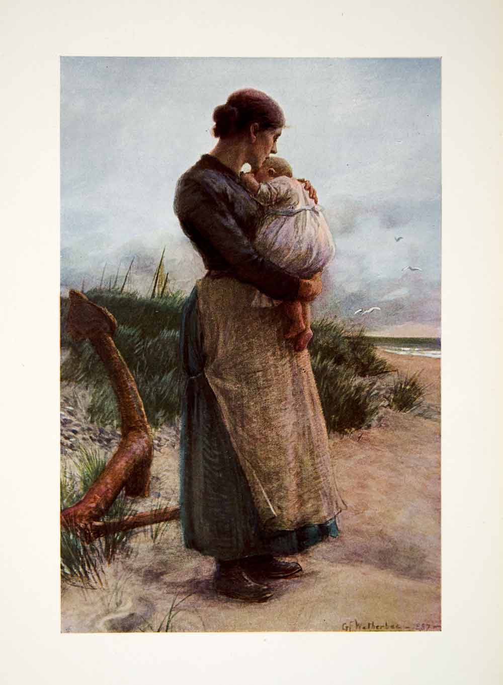 1906 Color Print George Wetherbee Fishermans Treasure Mother Apron Baby XAW1