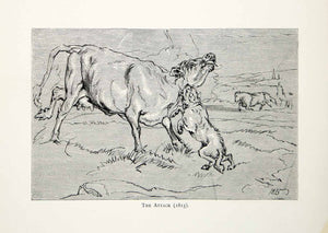 1877 Wood Engraving Sir Edwin Landseer Wildlife 1815 Art Dog Attacks Cow XAW4