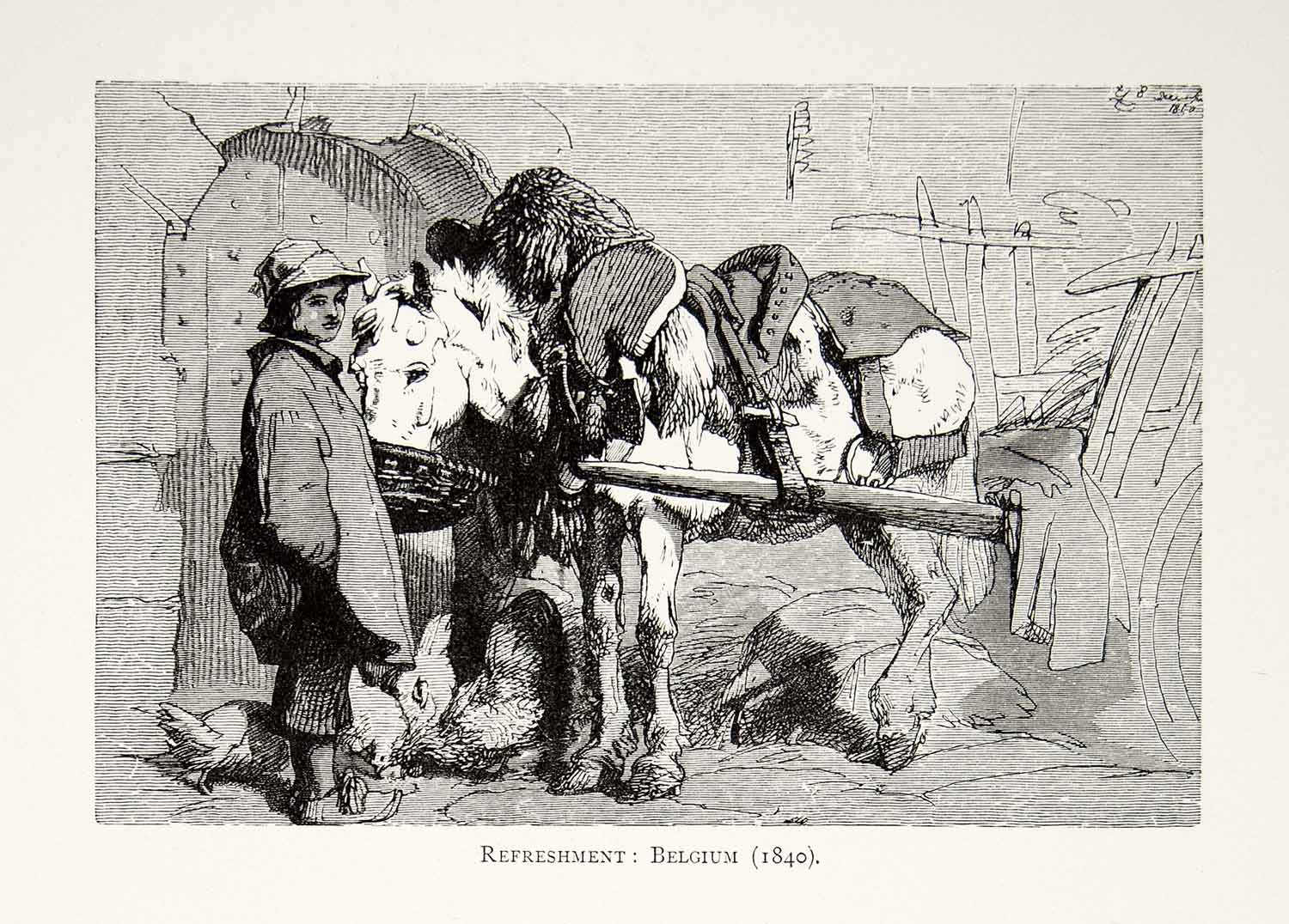 1877 Wood Engraving Edwin Landseer Art Belgium 1840 Horse Drawn Cart XAW4