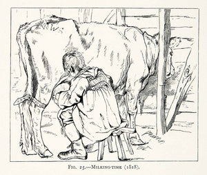 1877 Wood Engraving Edwin Landseer 1818 Art Milking Cows Agriculture Barn XAW4