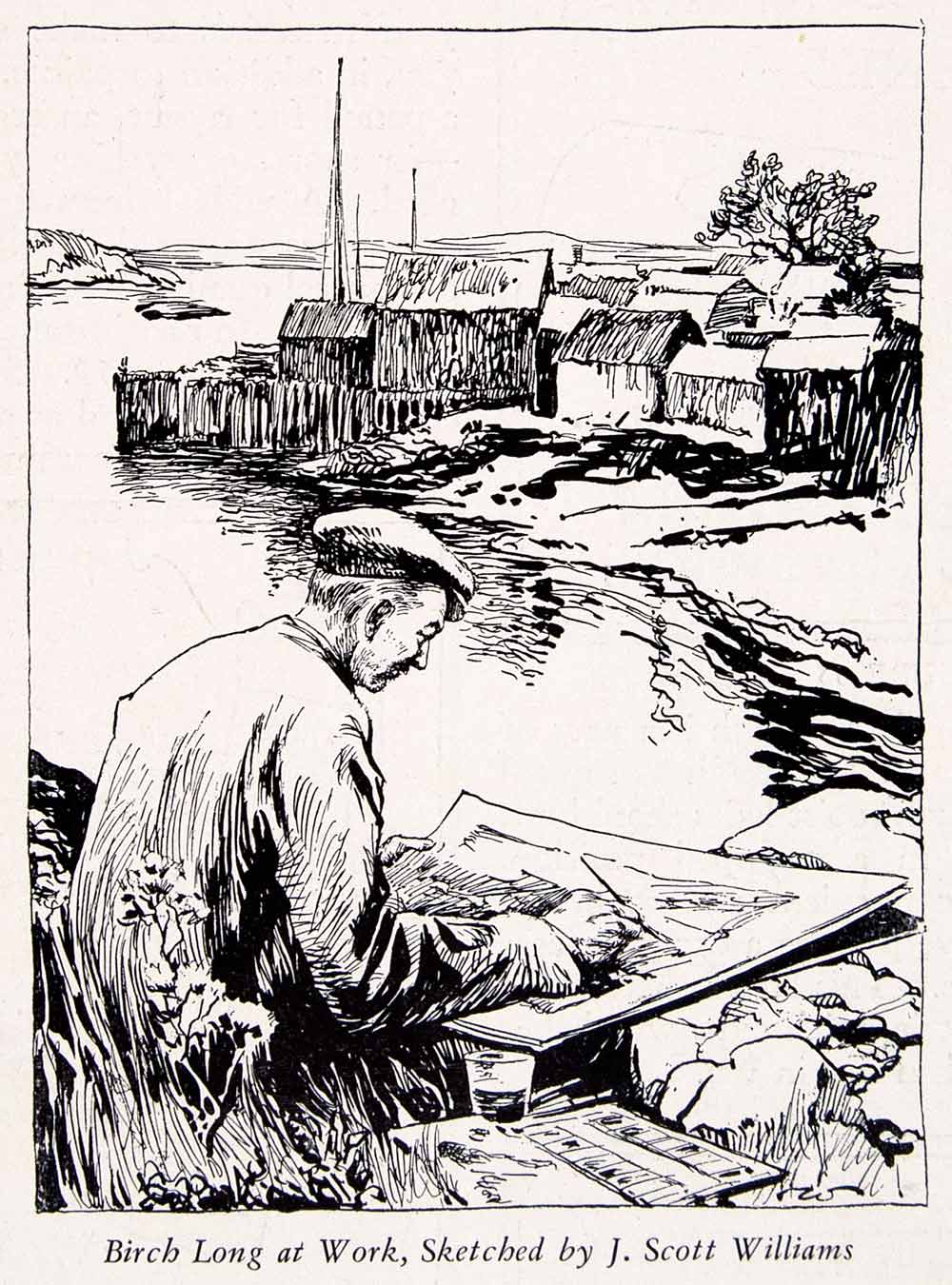 1943 Print Birch Burdette Long Town Outdoor Landscape River John Scott XAW5