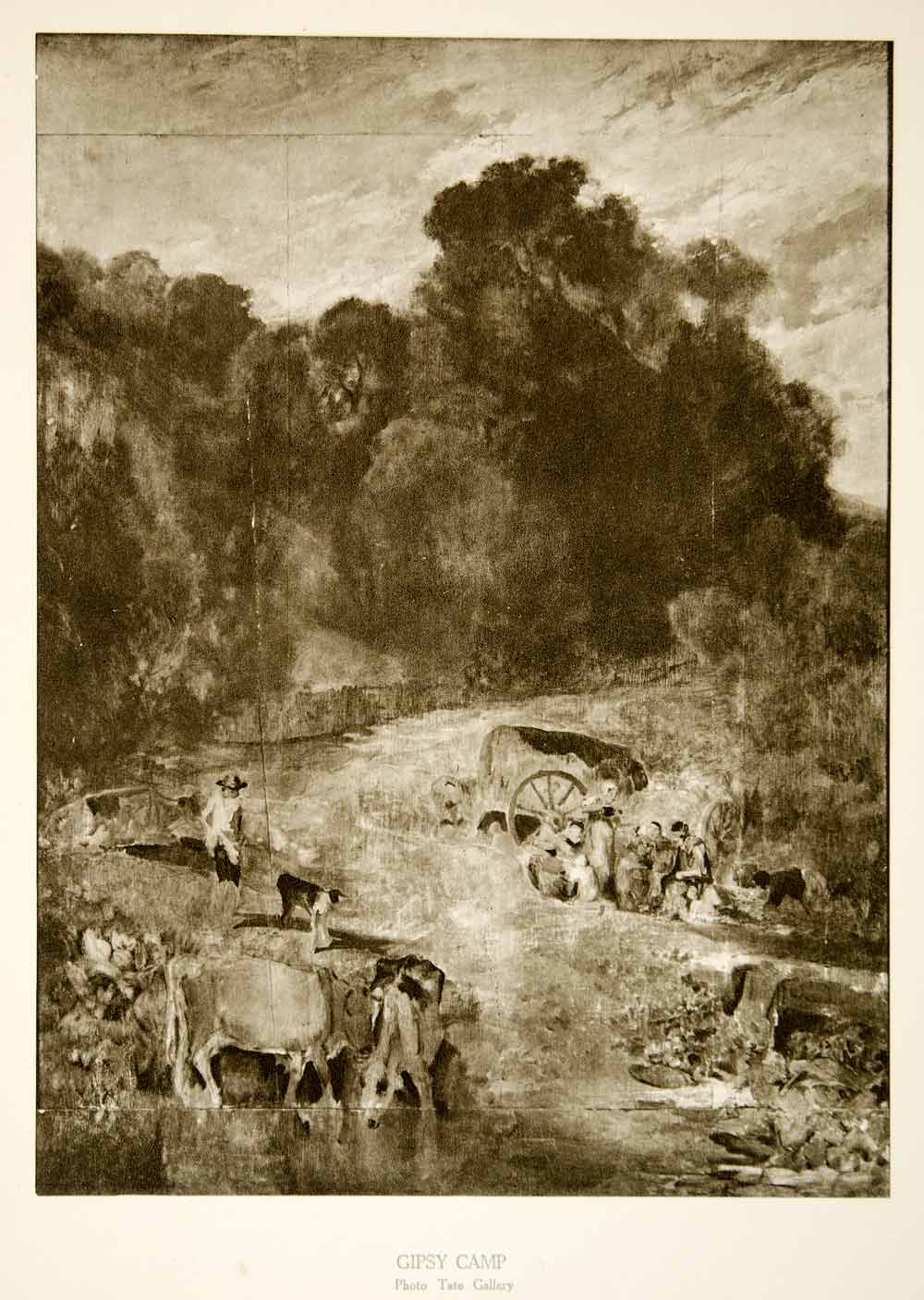 1939 Rotogravure Turner Landscape Gypsy Camp Wagons Trees Cattle Cows River XAW6
