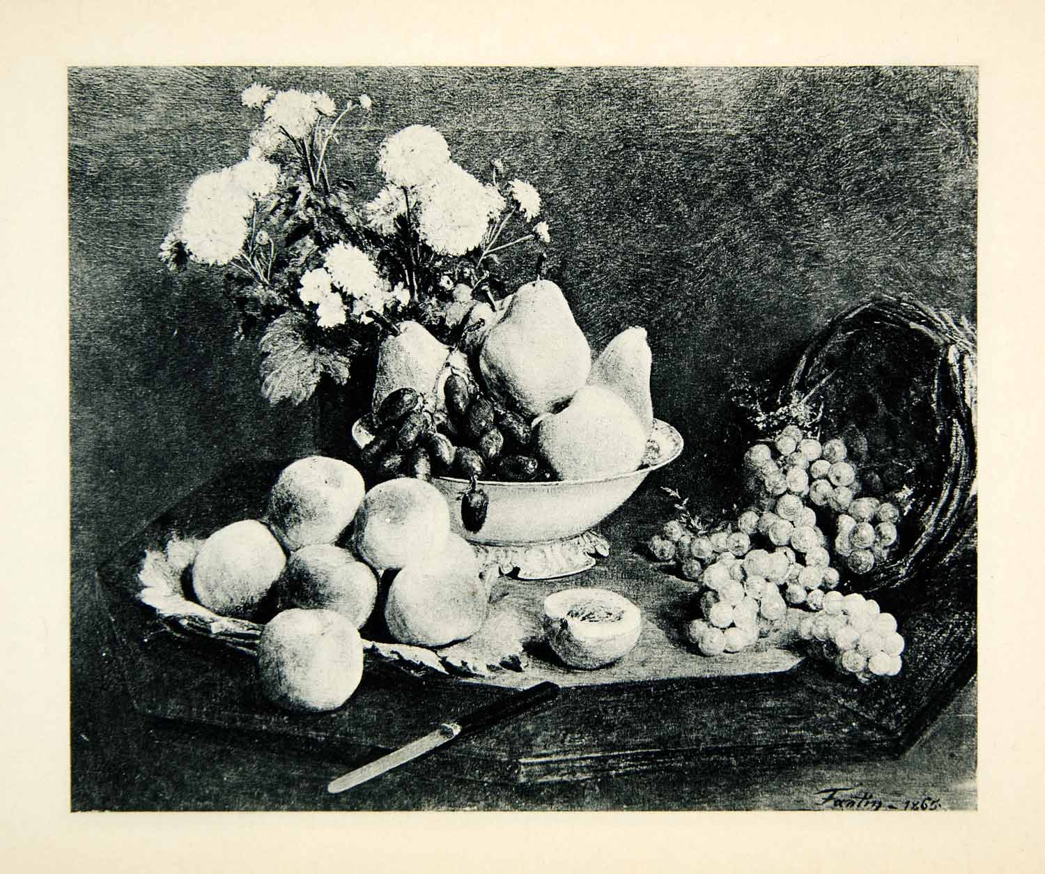 1927 Rotogravure Still Life Flowers Fruit Knife Henri Fantin-Latour Grapes XAX6