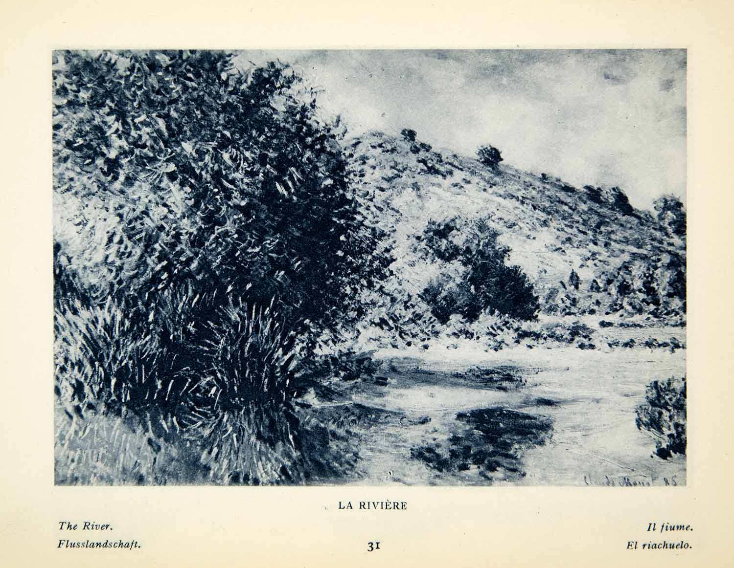 1924 Rotogravure La Riviere River France Landscape Mountain Bushes Claude XAX9