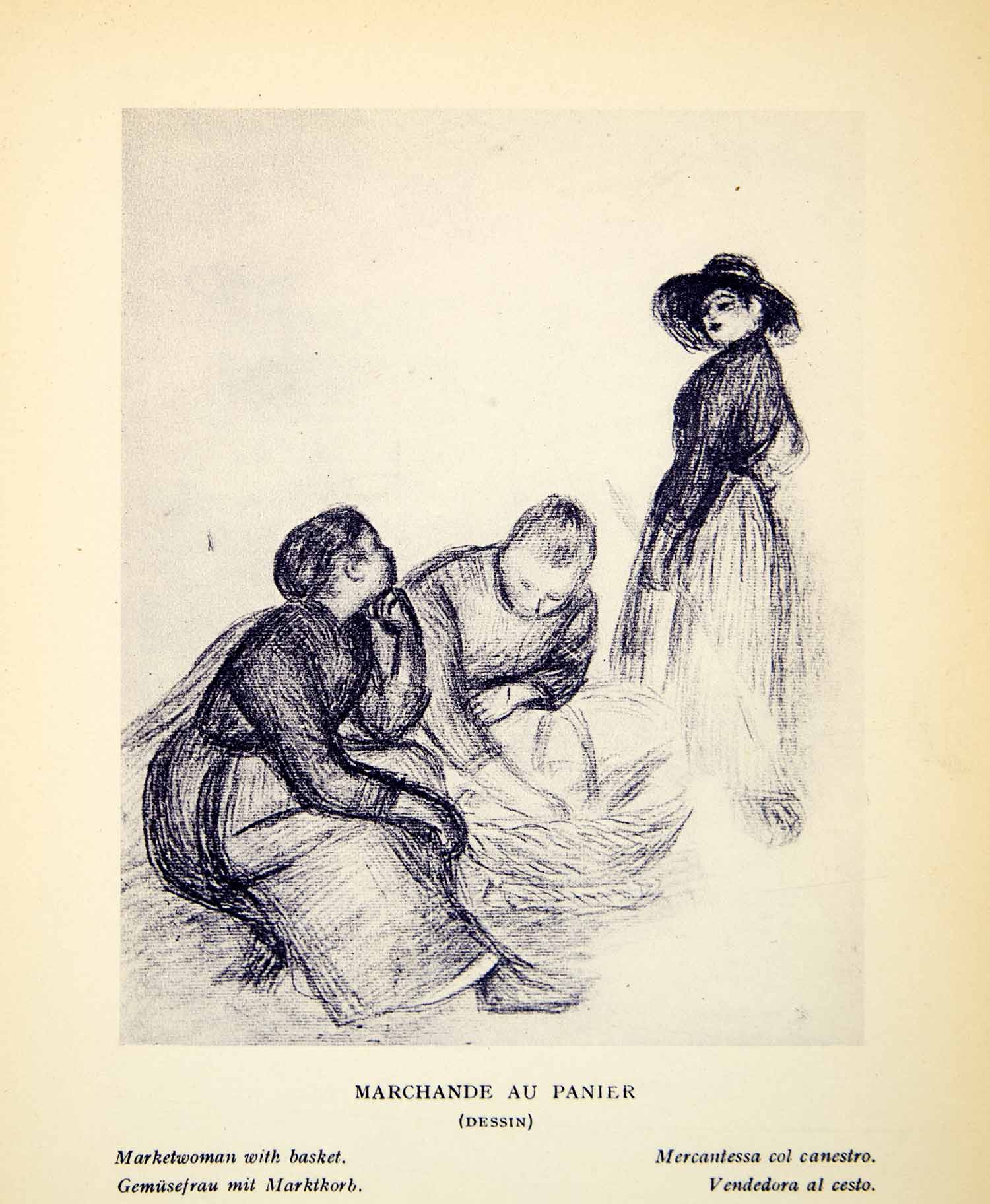1924 Rotogravure Drawing Pierre-Auguste Renoir Market Women Basket Figures XAY1