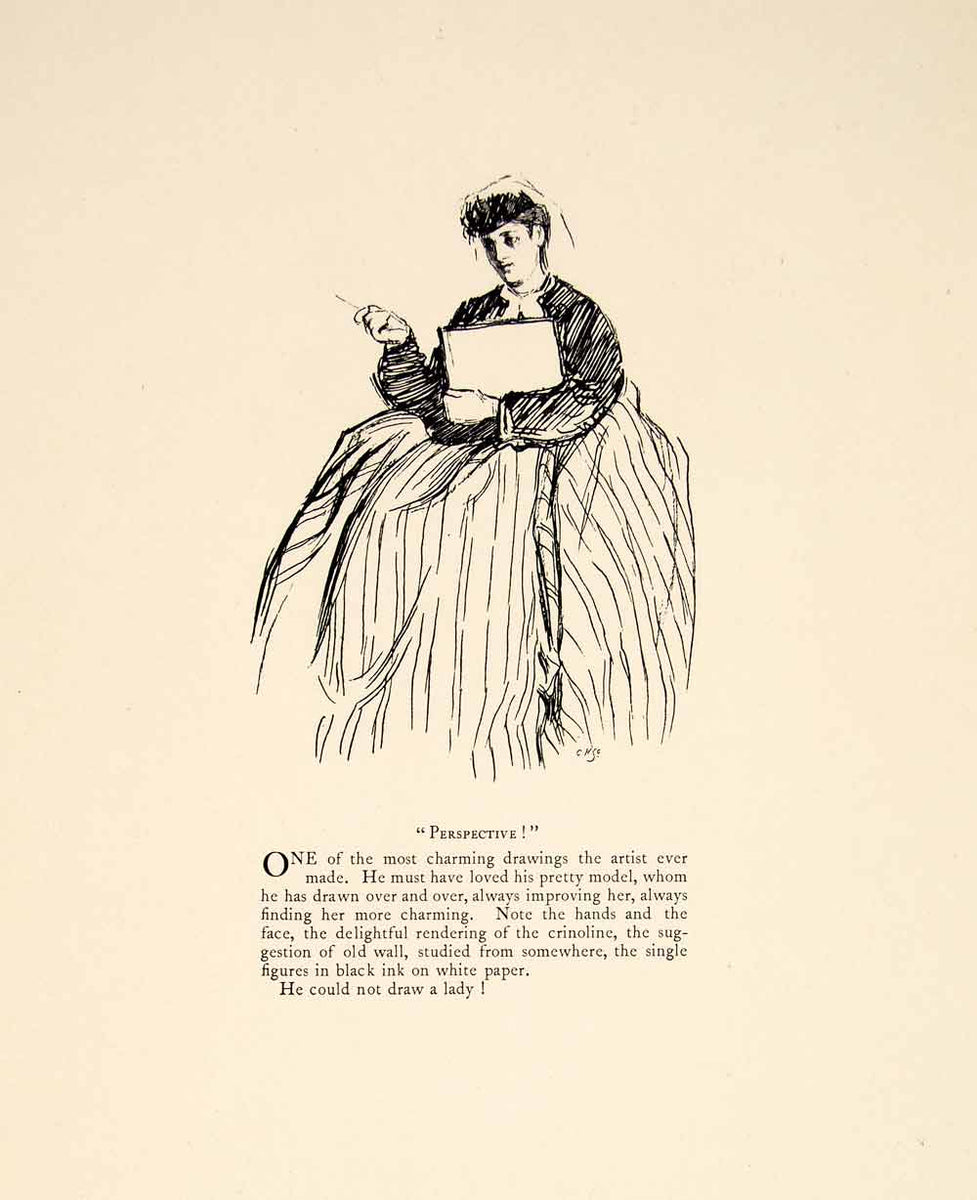 Keen Drawing Example 1897 Wood Engraving Charles Keen Character Figure Sketch Crinoline Fas ...