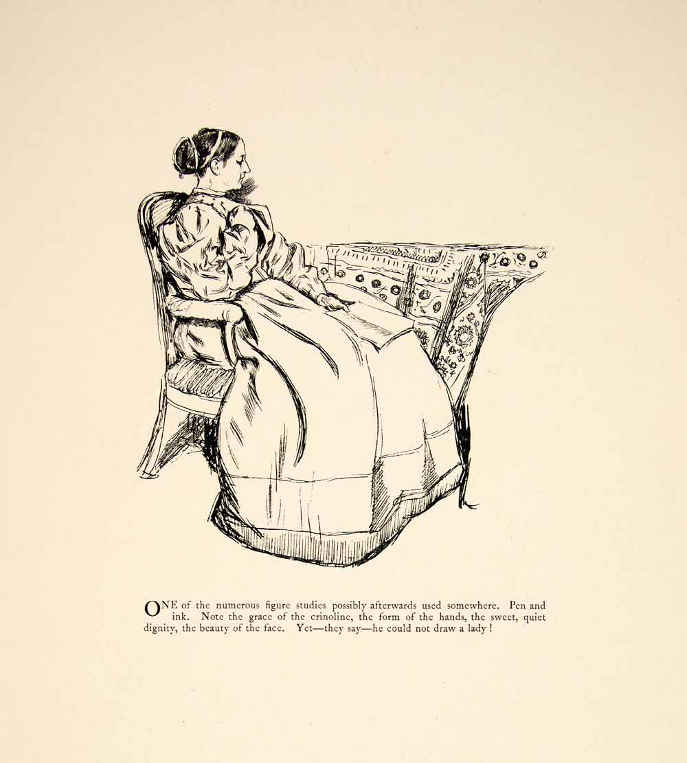 1897 Wood Engraving Charles Keene Woman Figure Sketch Crinoline Petticoat XAY6