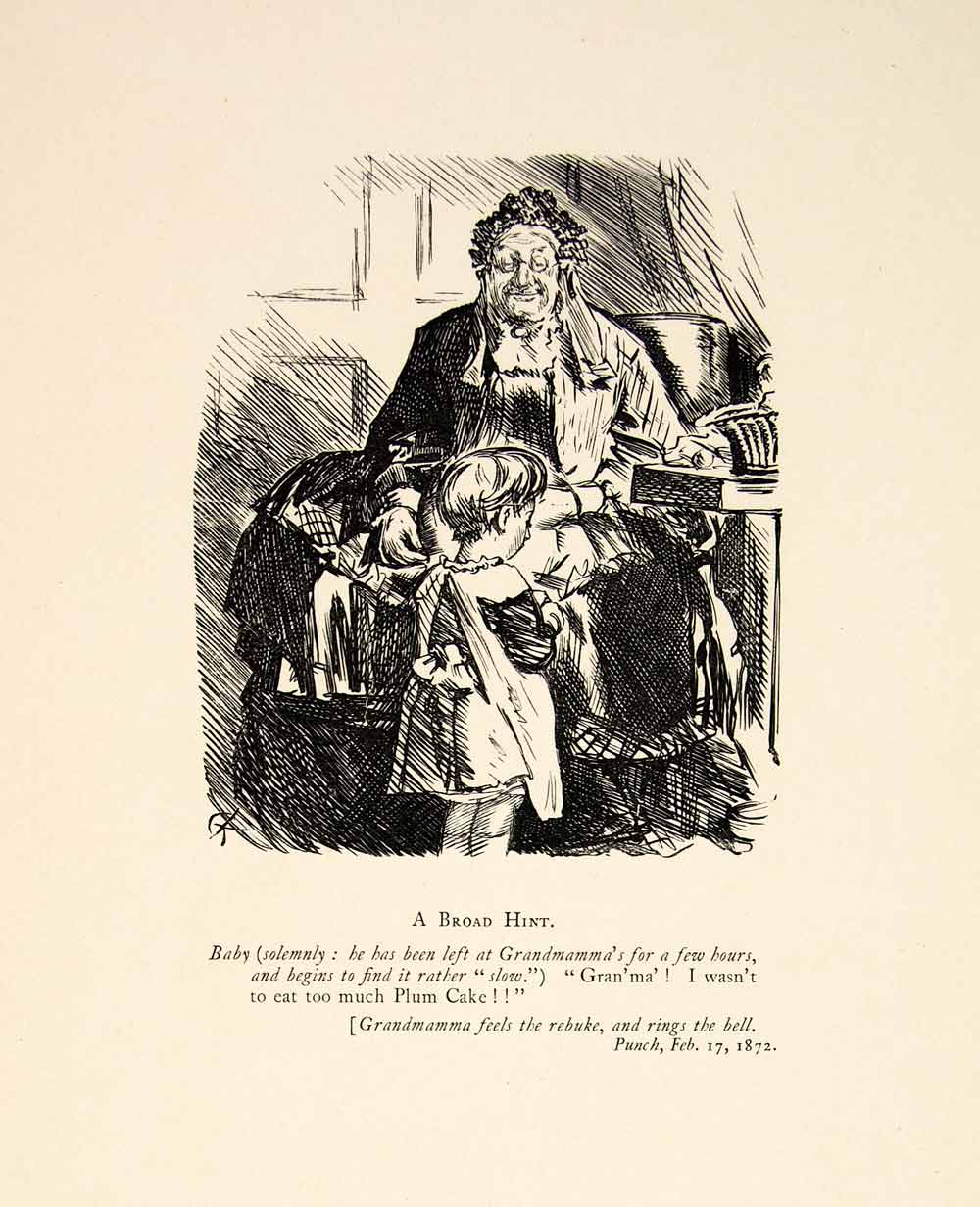 1897 Wood Engraving Charles Keene Figure Sketch Grandmother Baby Girl Plum XAY6