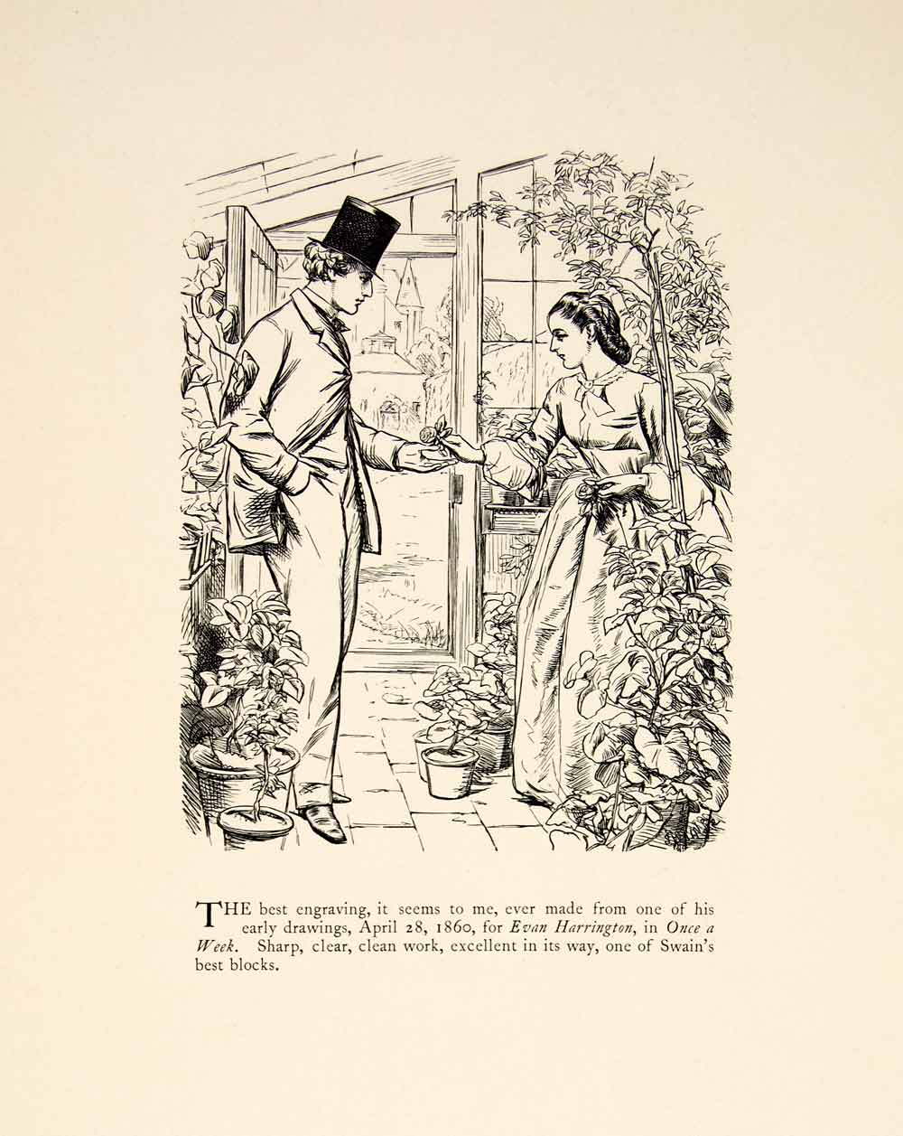 1897 Wood Engraving Charles Keene Art Evan Harrington Top Hat Courtship XAY6