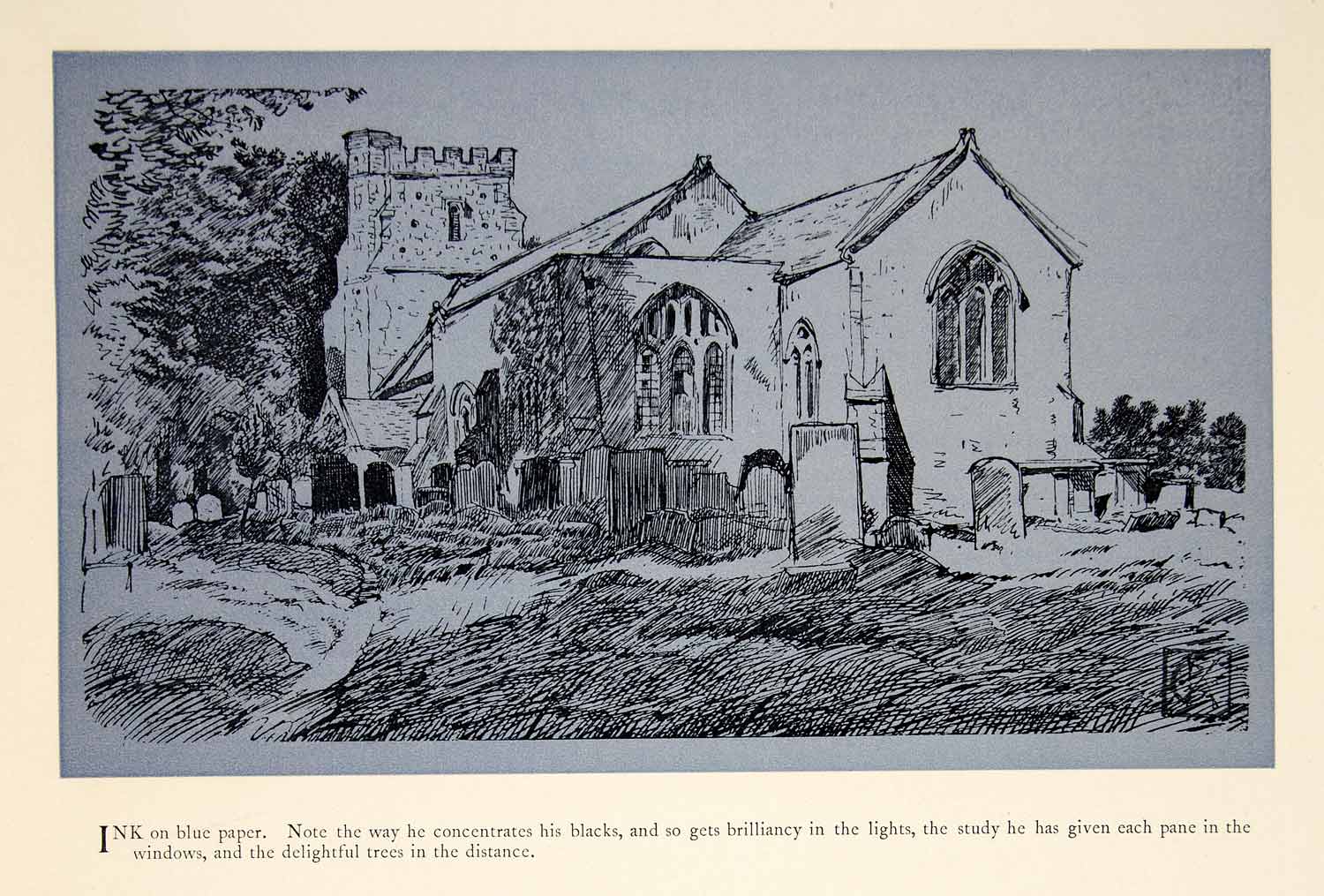 1897 Print Charles Keene Ink Sketch Art Church Cemetery Graveyard XAY6