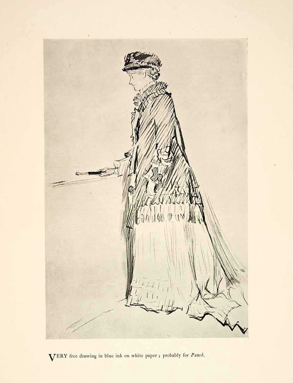 1897 Print Charles Keene Figure Pen Sketch Art Woman Historical Costume XAY6
