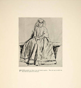1897 Print Charles Keene Figure Pen Drawing Sketch Art Costume Seated Woman XAY6