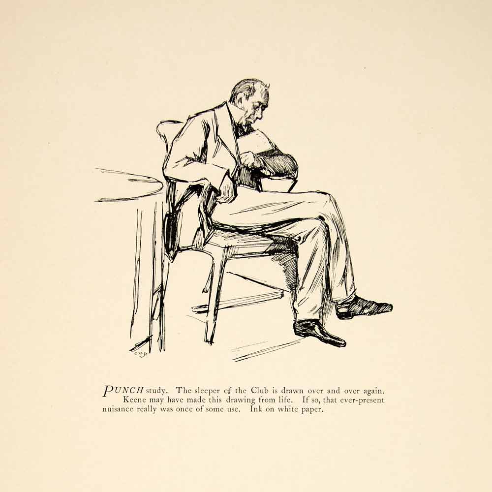 1897 Wood Engraving Charles Keene Punch Study Club Sleeper Man Figure XAY6