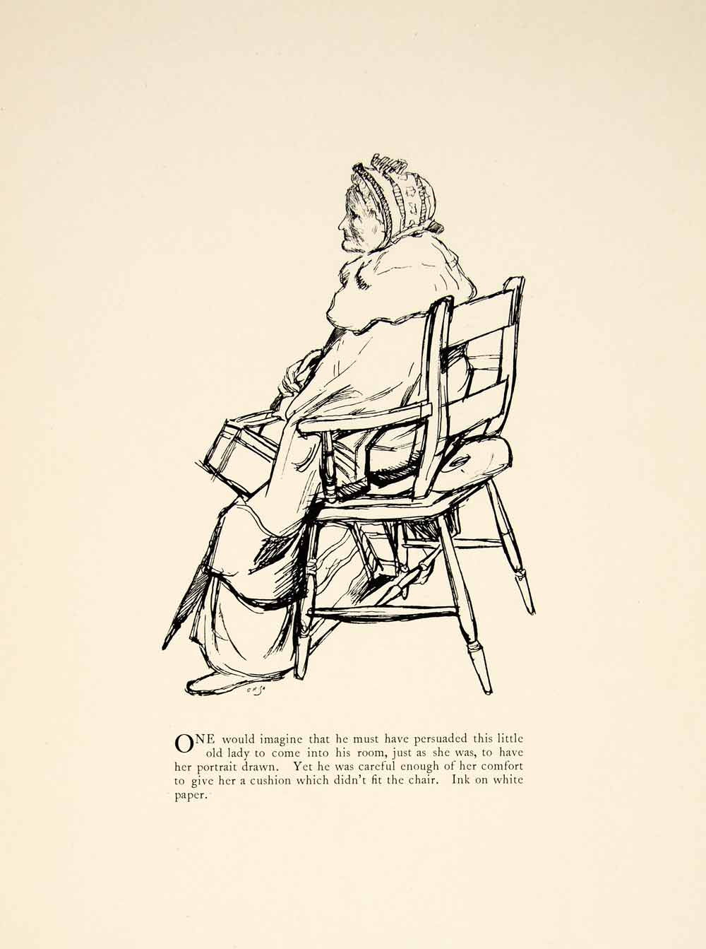 木版画　MADURA 1910 Charles van Bunschooten 1897 Wood Engraving Charles Keene Art Seated Grandmother Figure